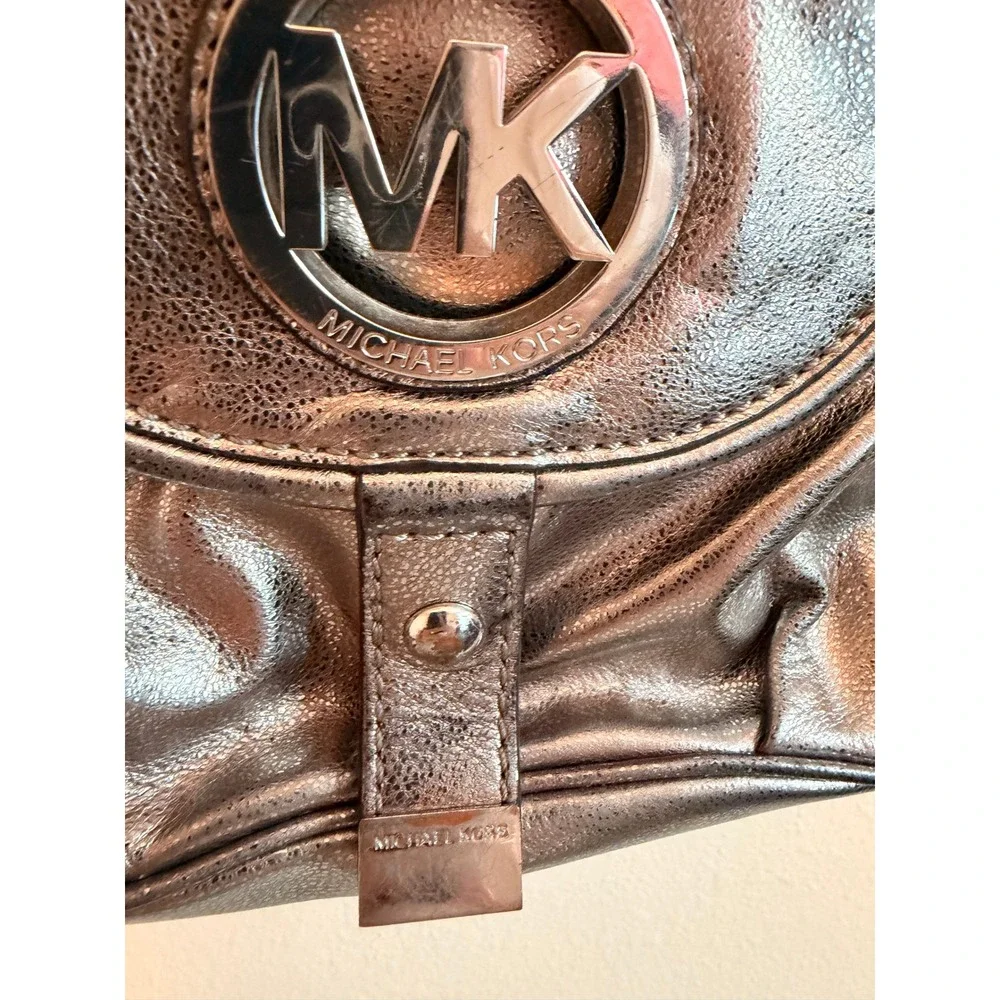 Michael Kors Y2K Women Hobo Bag Medium Silver Leather Fulton MK Medallion